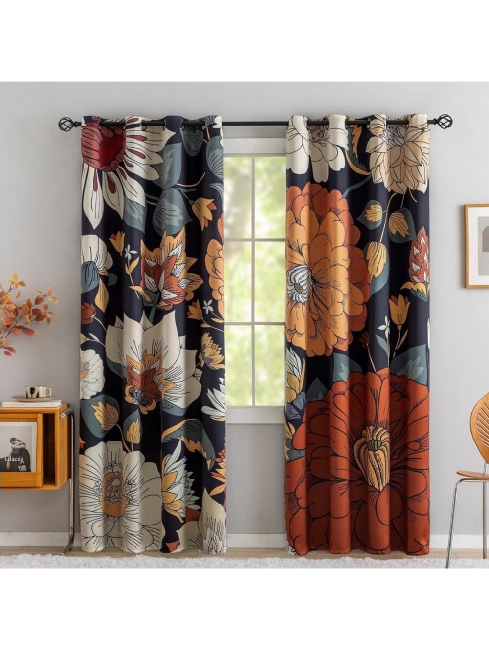 2 Panels Black Boho Floral 100% Blackout Curtains 52x84